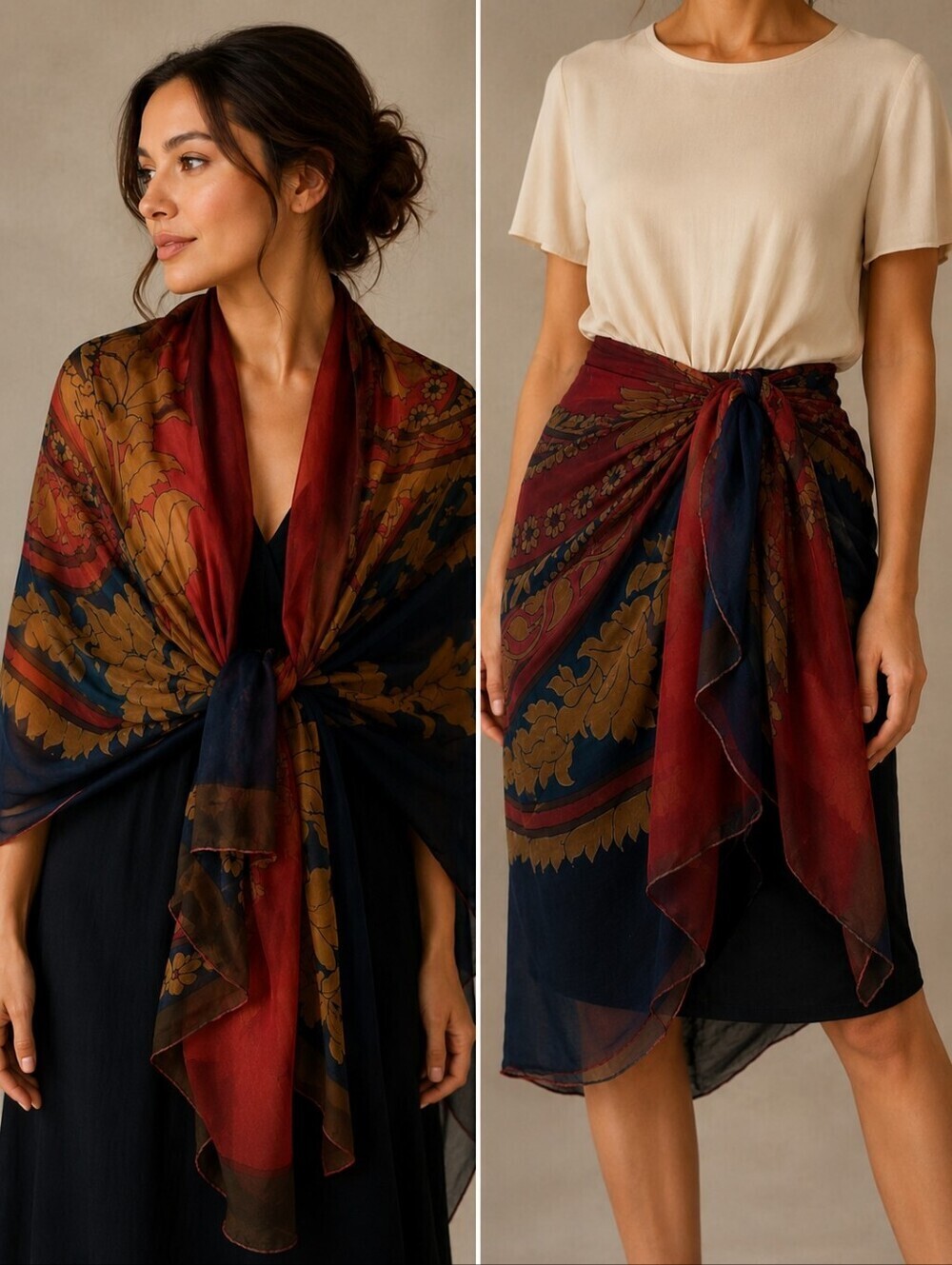 NAVY Blue Wine Tan Floral Silk Shawl Sarong